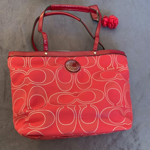 Red Coach Tote with Flower - Picture 1 of 3